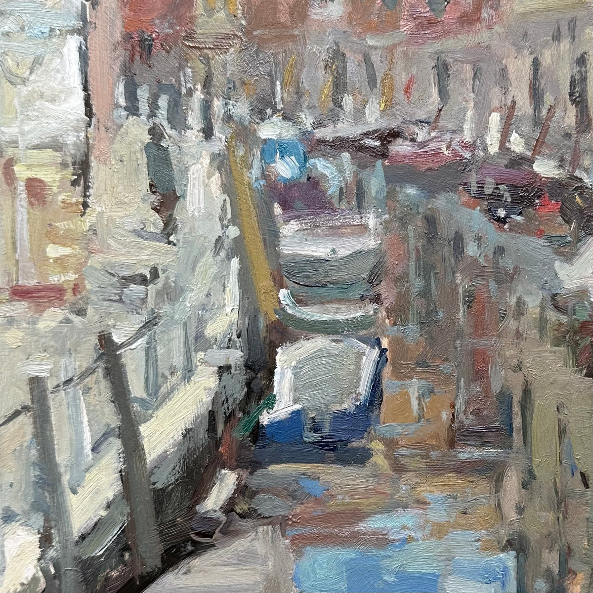 An impressionistic oil painting of a narrow canal or alleyway with buildings on both sides, rendered in layered brushstrokes of beige, gray, white, blue, brown, and muted red tones.