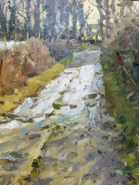 Impressionistic oil painting of a winding path running through a wooded area, rendered in brushstrokes of white, gray, green, yellow, and brown. A path near Kirkham with remnants of snow and sun lit hedges