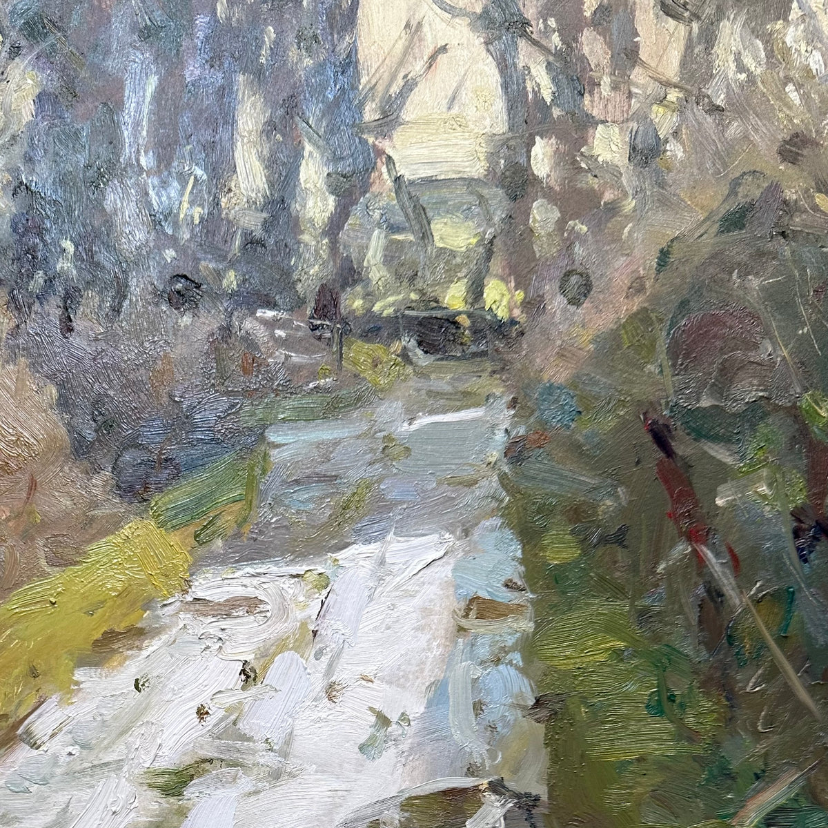 An impressionistic oil painting of a tree-lined snow covered icy path in Wesham Kirkham, rendered with thick brushstrokes in white, gray, green, brown, and touches of yellow and red