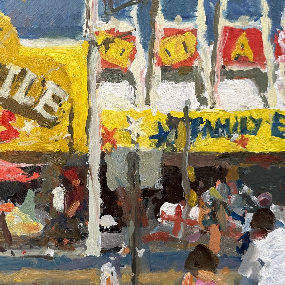 original oil painting of the Golden Mile Amusements along Blackpool Promenade with a bright yellow fascia, and several people walking in front with a seagull. The brushwork is expressive and colorful, with blue, yellow, white