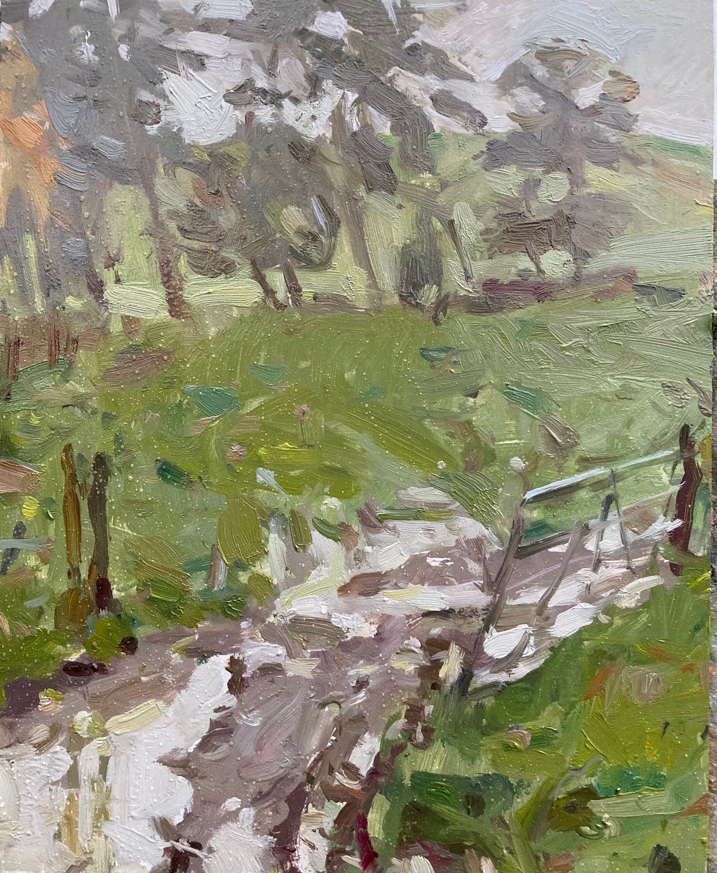 Oil painting of green fields and trees with a muddy farm track in Kirkham