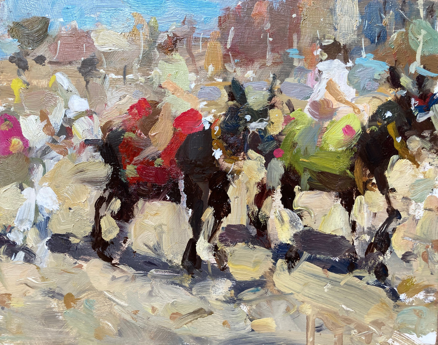 Two donkeys on the beach with kids riding them. An original oil painting impression by northern art Adam Ralston