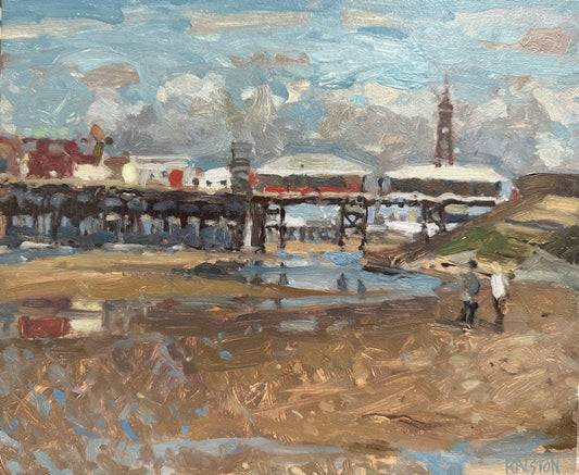 a pleinair painting on Blackpool beach looking through south pier towards the tower