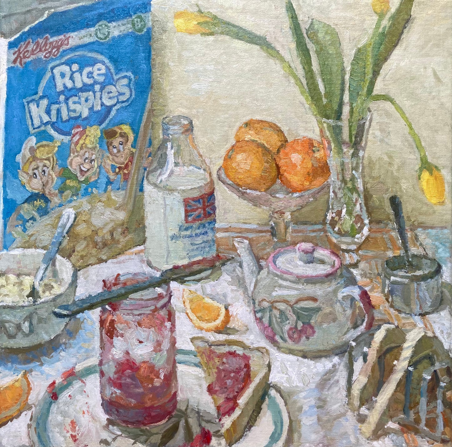 A large oil painting still life of rice crispies with yellow tulips and oranges and red strawberry jam