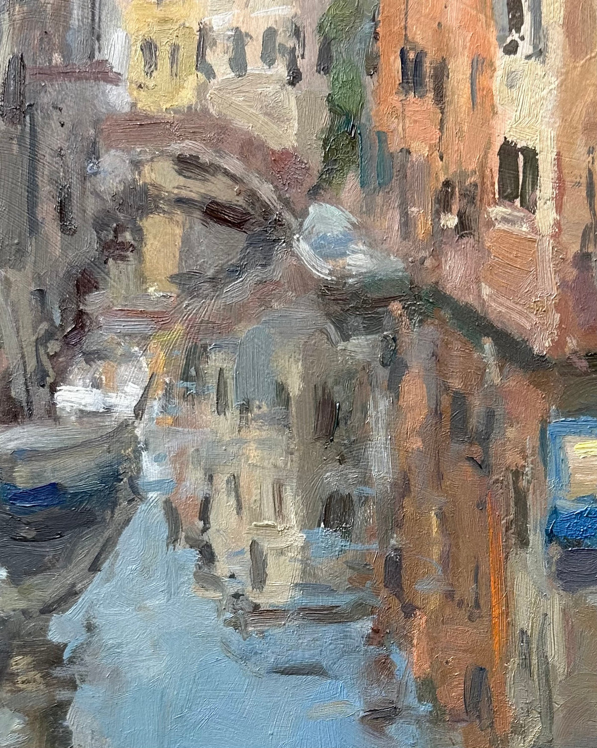 detail of a Venice painting of a reflection in a canal by northern painter Adam Ralston from Blackpool
