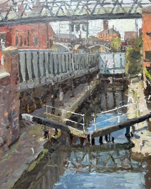 a pleinair original oil painting of Lock 91 at Deansgate in Manchester by Northern artist Adam Ralston ROI