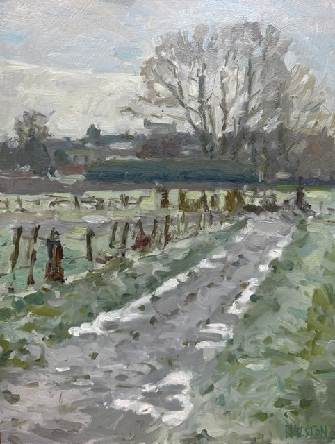 Impressionist landscape oil painting depicting a rural scene with a path, fence posts, trees, and distant buildings under a cloudy sky.
Icy cold landscape in the fields of Kirkham with trees near carr farm