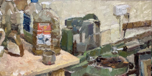 Painting of a still life morso and turpentine in the studio