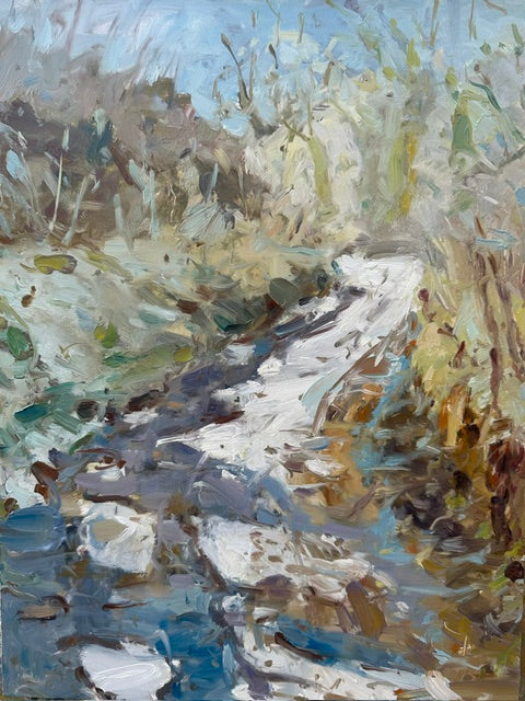An impressionistic landscape painting depicting a winding path or stream through grassy vegetation, rendered in textured brushstrokes of white, blue, beige, brown, and green. A rural scene with a pathway surrounded by trees and remnants of snow