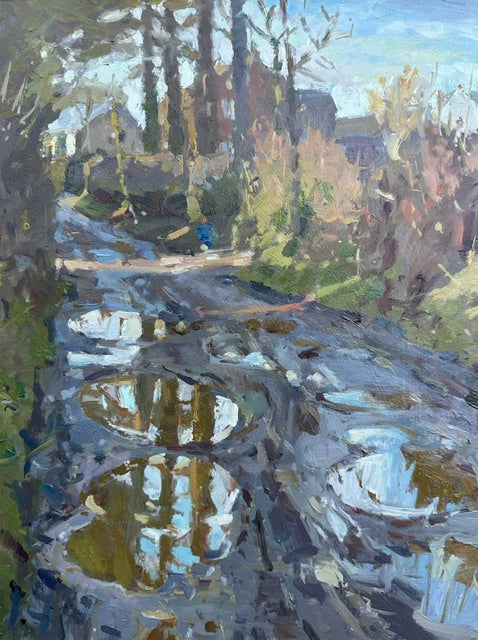 painted on Mowbreck Lane looking toward the farm with trees and reflections in muddy puddles of water. Painted en pleinair by British artist Adam Ralston