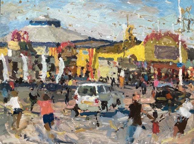 An impressionistic painting of a busy street in Blackpool at South Pier. There’s people, cars, and colorful buildings under a pale blue sky, rendered in visible brushstrokes of yellow, red, white, blue, black. 