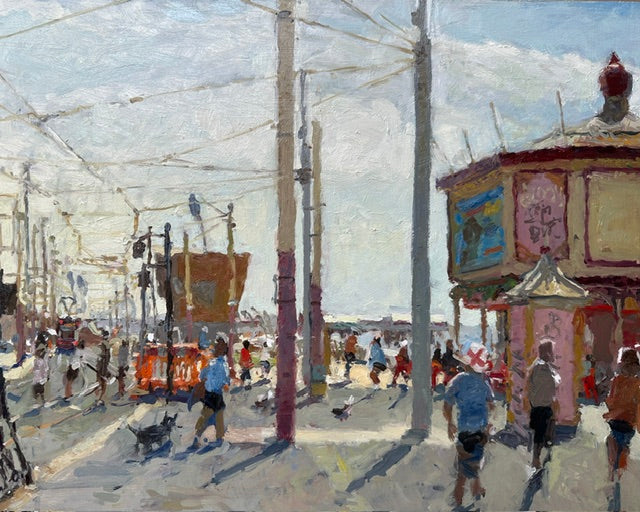 Original oil painting by northern artist Adam ralston artist of north promenade with Blackpool pier and festival house