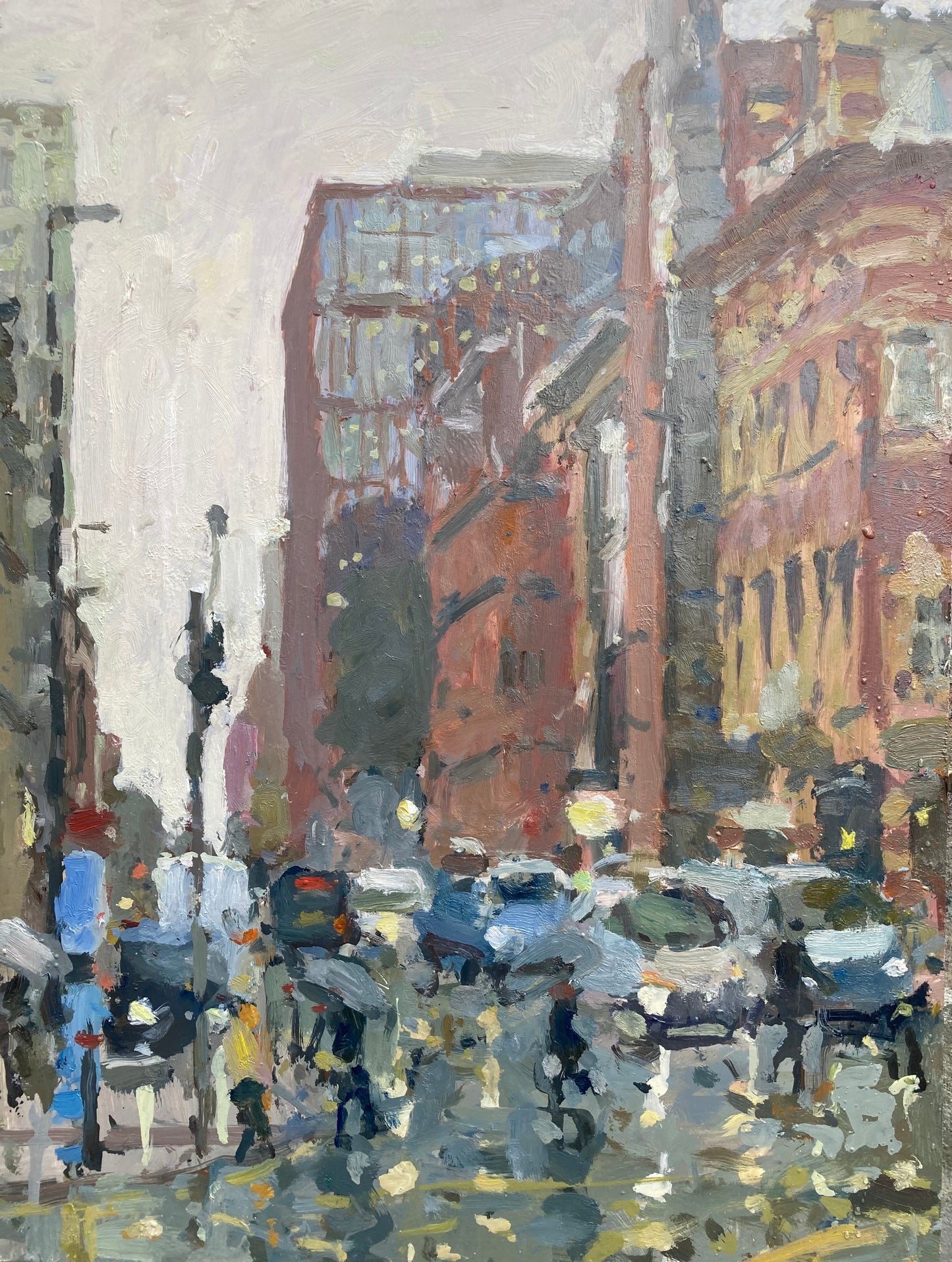 An oil painting in the rain in Manchester of Deansgate. Cars with their headlights and traffic lights