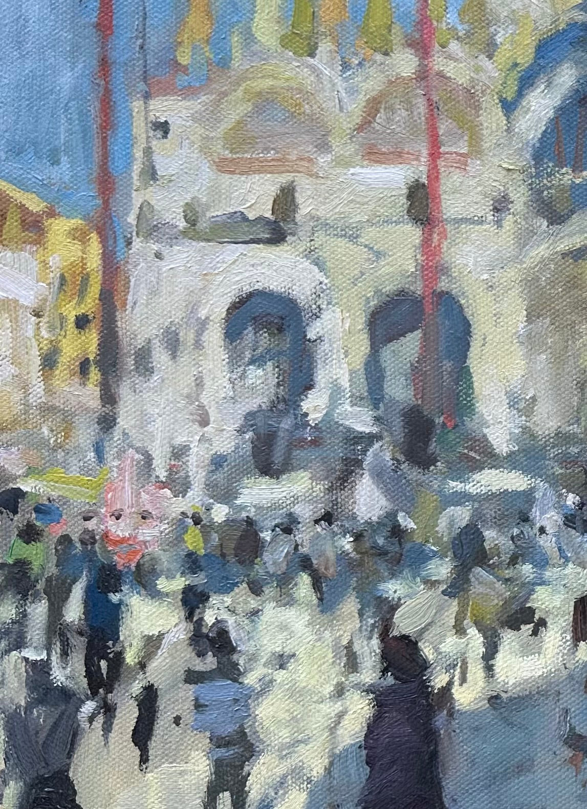 Impressionistic detailed oil painting of a bustling outdoor street scene with a large pale building or cathedral facade, blue sky, and many small figures in the foreground rendered in blue, white, yellow, red, and gray brushstrokes.