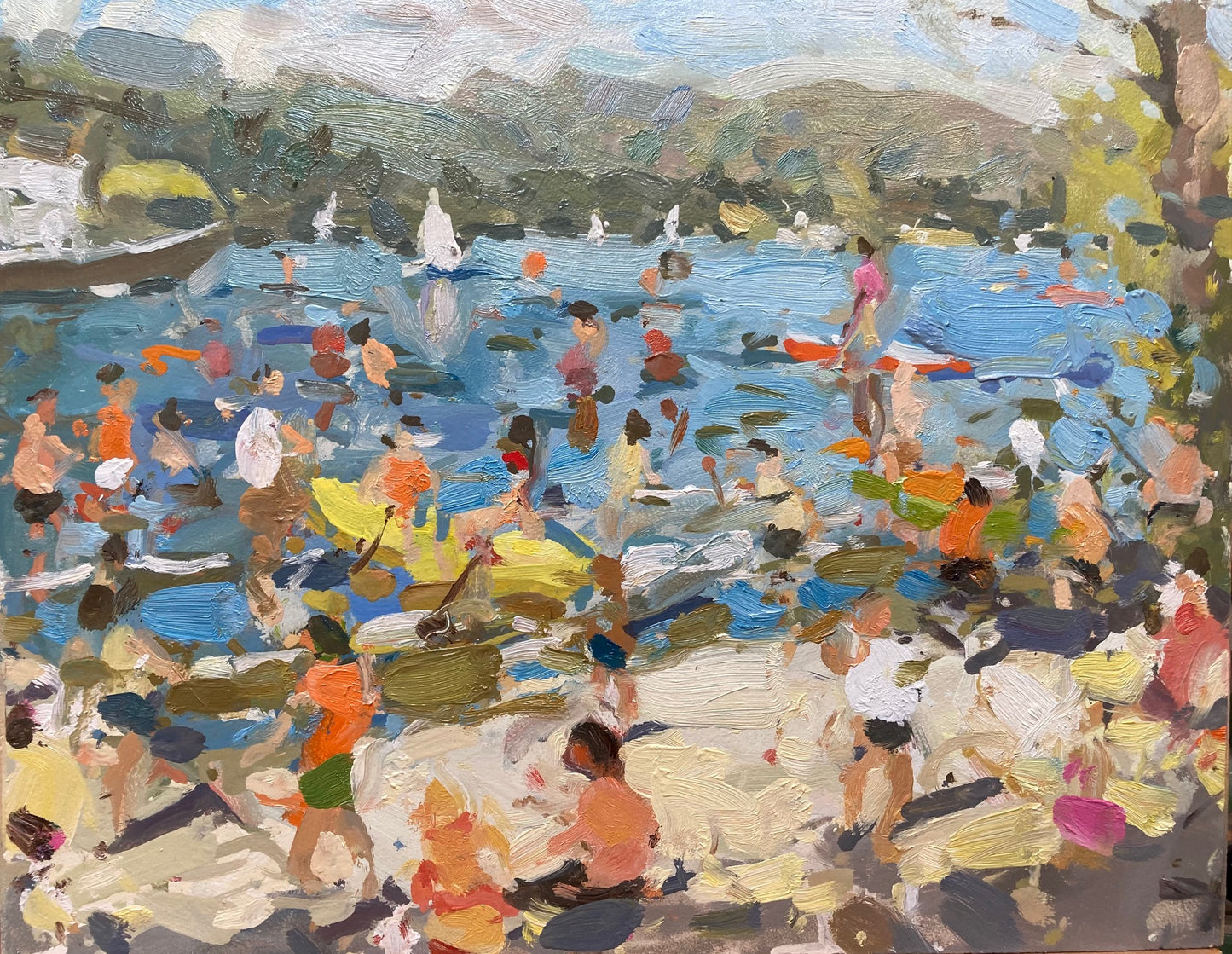 Oil painting of rayrigg jetty by Lake Windermere in the summertime with boats and people