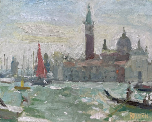 Impressionist-style painting of a Venetian waterfront scene with a tall bell tower, domed buildings, boats, and a red-sailed boat against a pale sky.