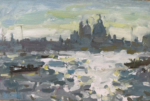 Venetian scene with the salute in the distance and the grand Canal with light sparkle on the water. An original oil painting by Adam Ralston ROI