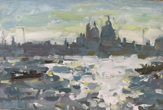 Venetian scene with the salute in the distance and the grand Canal with light sparkle on the water. An original oil painting by Adam Ralston ROI