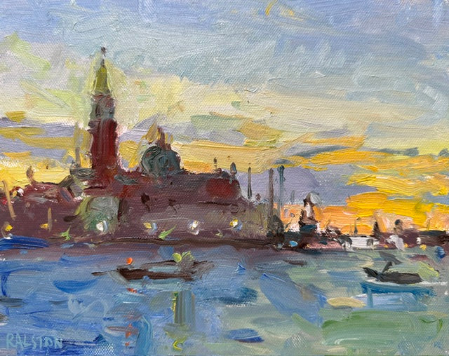 Impressionistic oil painting of a Venetian waterfront scene at sunset, featuring San Giorgio Maggiore with the tower and buildings. Boats on the Venice Grand Cansl with blue, green water; the dusk sky blended a vibrant yellow, blue, and gray tones.