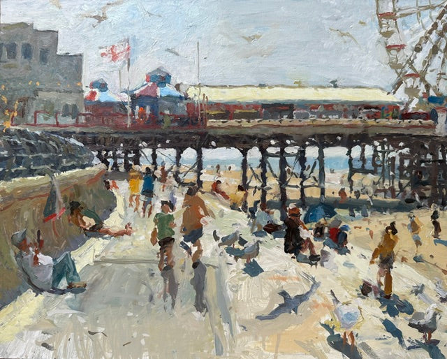 Impressionistic oil painting of a busy beach boardwalk and pier scene, with people walking under a wooden pier, seagulls on the sand, and a pale sky above.