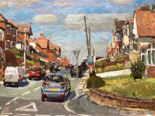 A pleinair oil painting of a street in Bispham Sandhurst Avenue, painted by NorthernArt Adam Ralston ROI