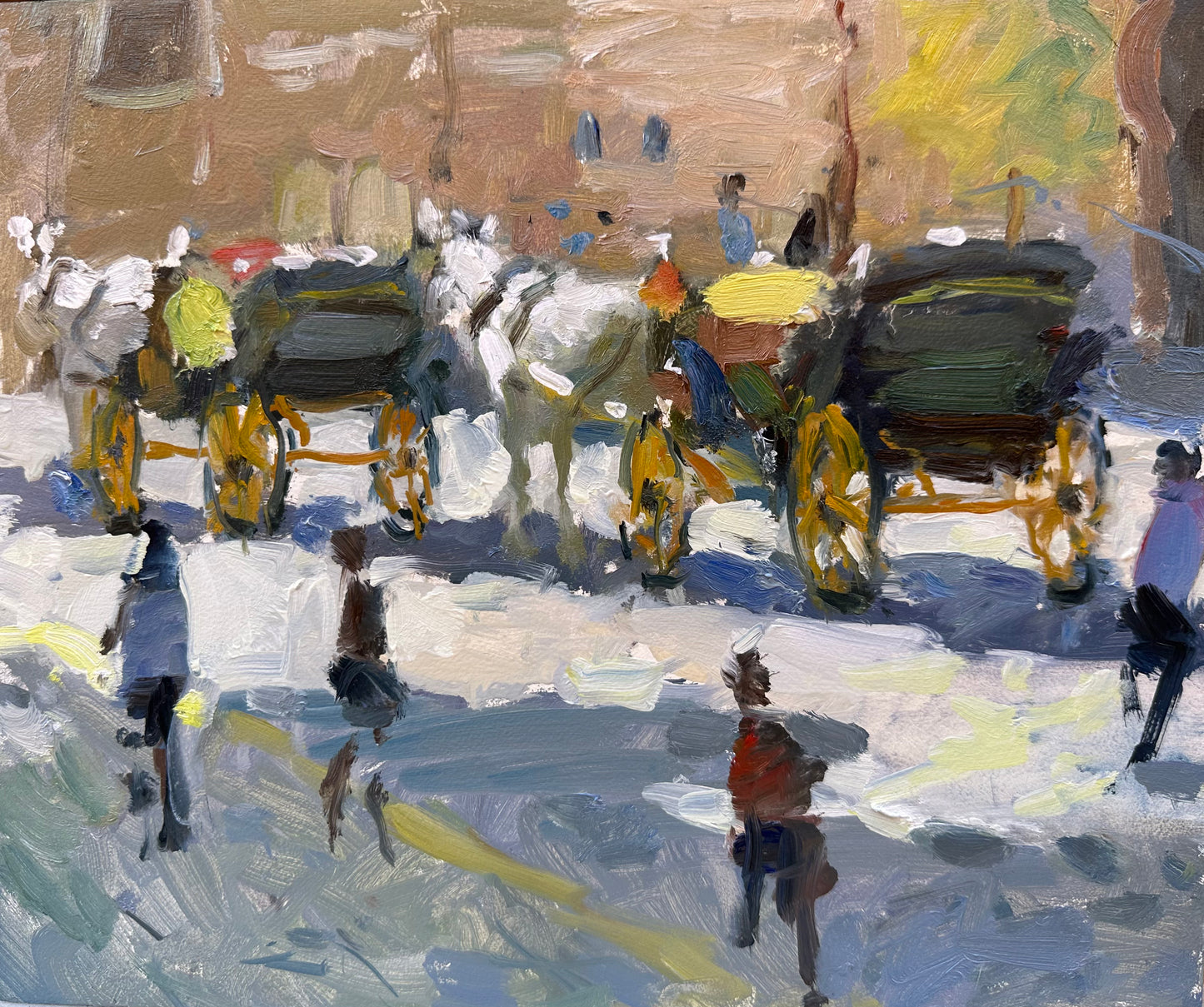 Sevillian horses and carts waiting, with shadows and sun. An original oil painting by Adam Ralston