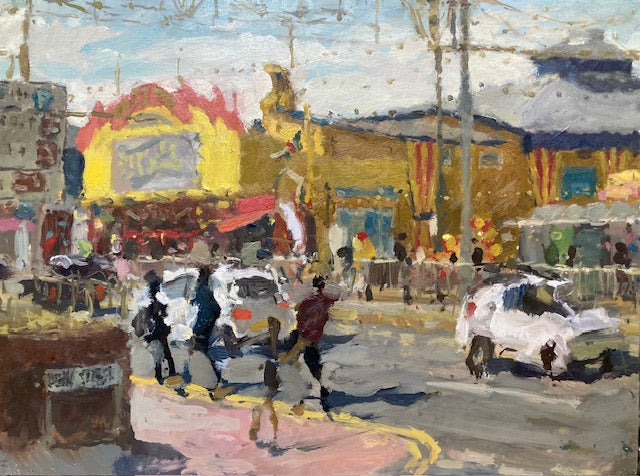 5 May 2021 • C
Here's the other side of south pier. They recently added these faux red/yellow curtains which I love. I'm drawn to stripes for some reason whether it's double yellow lines or someone's t-shirt, always catches my eye. Lots of people walking up to the Pleasure Beach