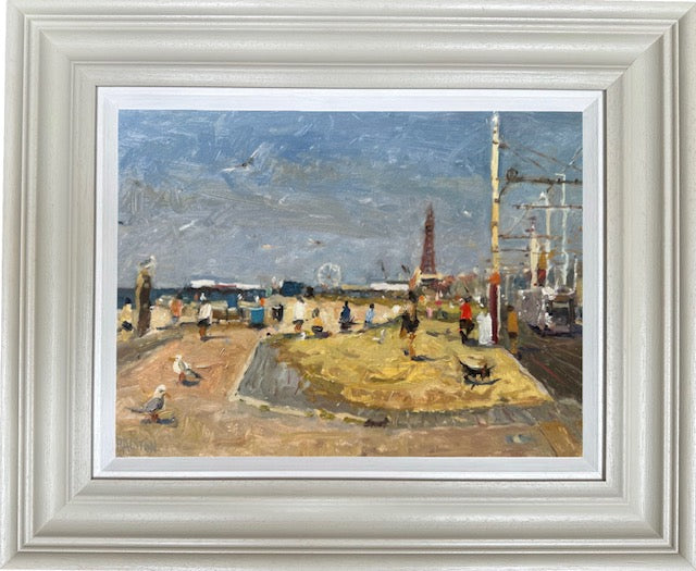 A framed impressionist painting depicting a seaside promenade with figures, seagulls, and central pier with a tram coming in the distance