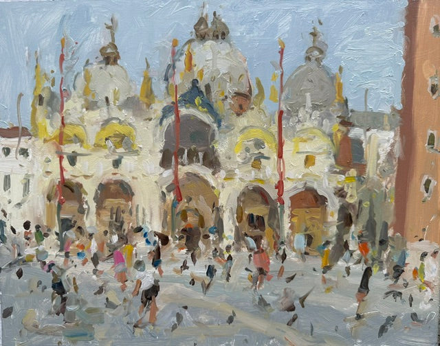 An original oil painting on board of St.Mark’s Square and the Basilica Cathedral, with people in the square and pigeons. The artist is Adam Ralston from the Royal Institute of Oil Painters 