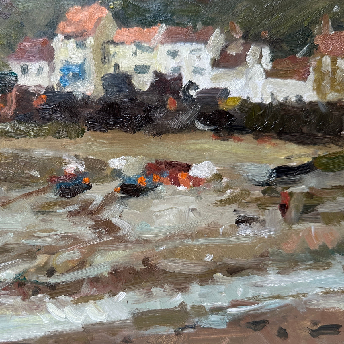 Impressionistic oil painting of Staithes coastal village scene with boats on a sandy shore; featuring the Cod and Lobster...rendered in earthy browns, beige, white, and dark accents.