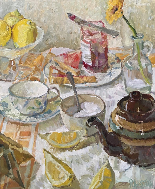 A small still life painting with a teapot, some lemons, a bowl of sugar and toast with strawberry jam