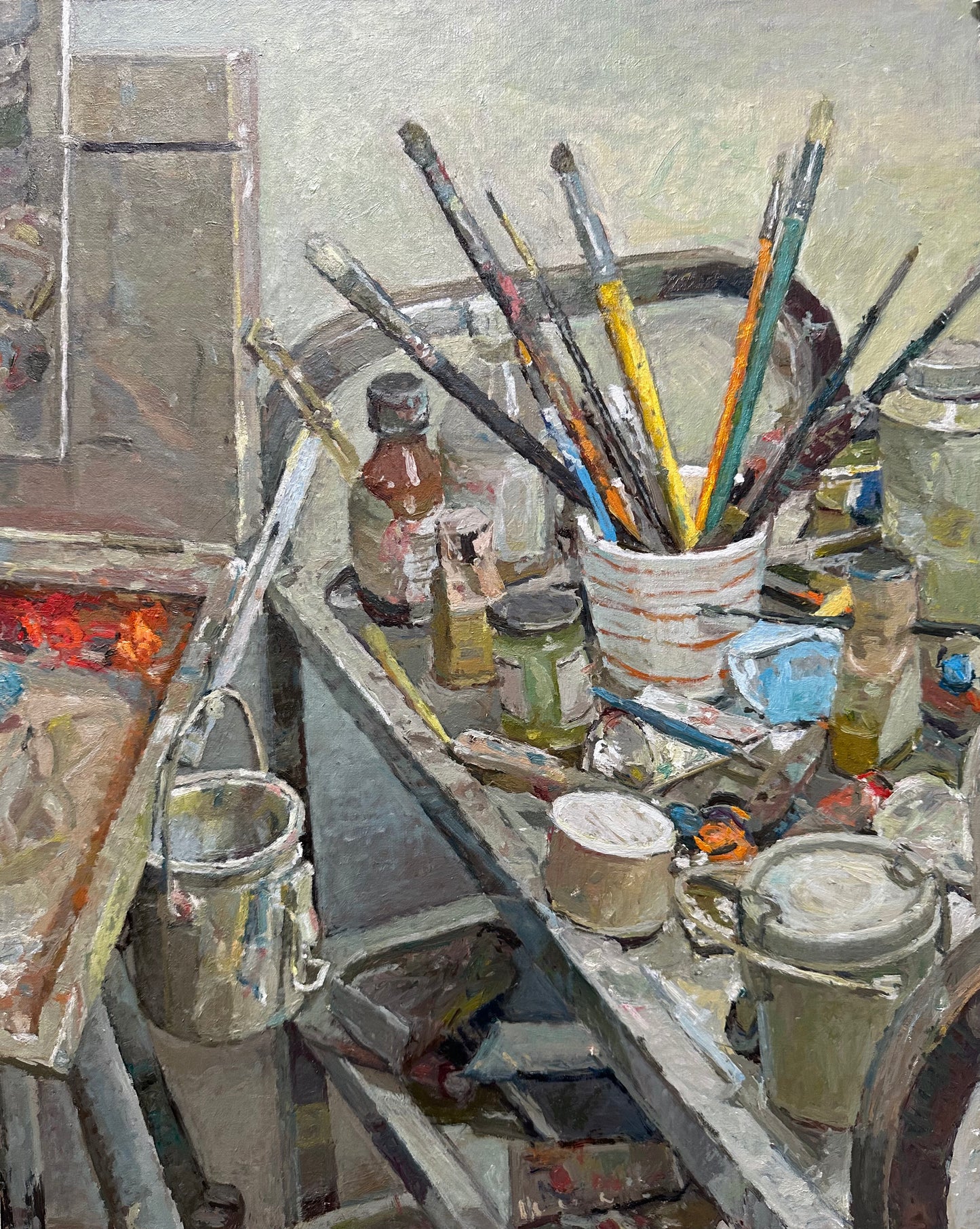 An original oil painting still life painting of studio essentials such as my easel and paints