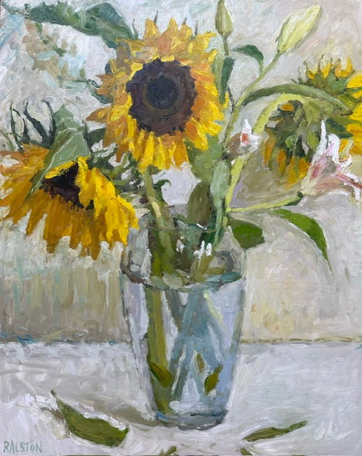 Still life oil painting by northern artist Adam Ralston of Sunflowers in a vase and a white Lily