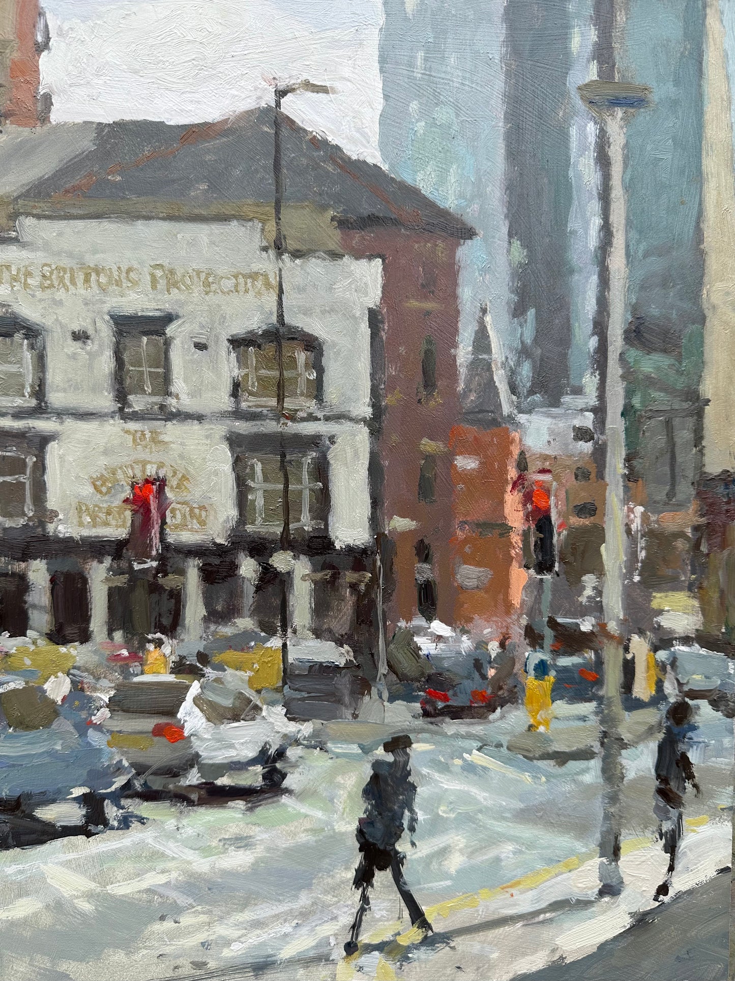 Painting of the Britons protection pub with high-rise in the distance and the City Road pub