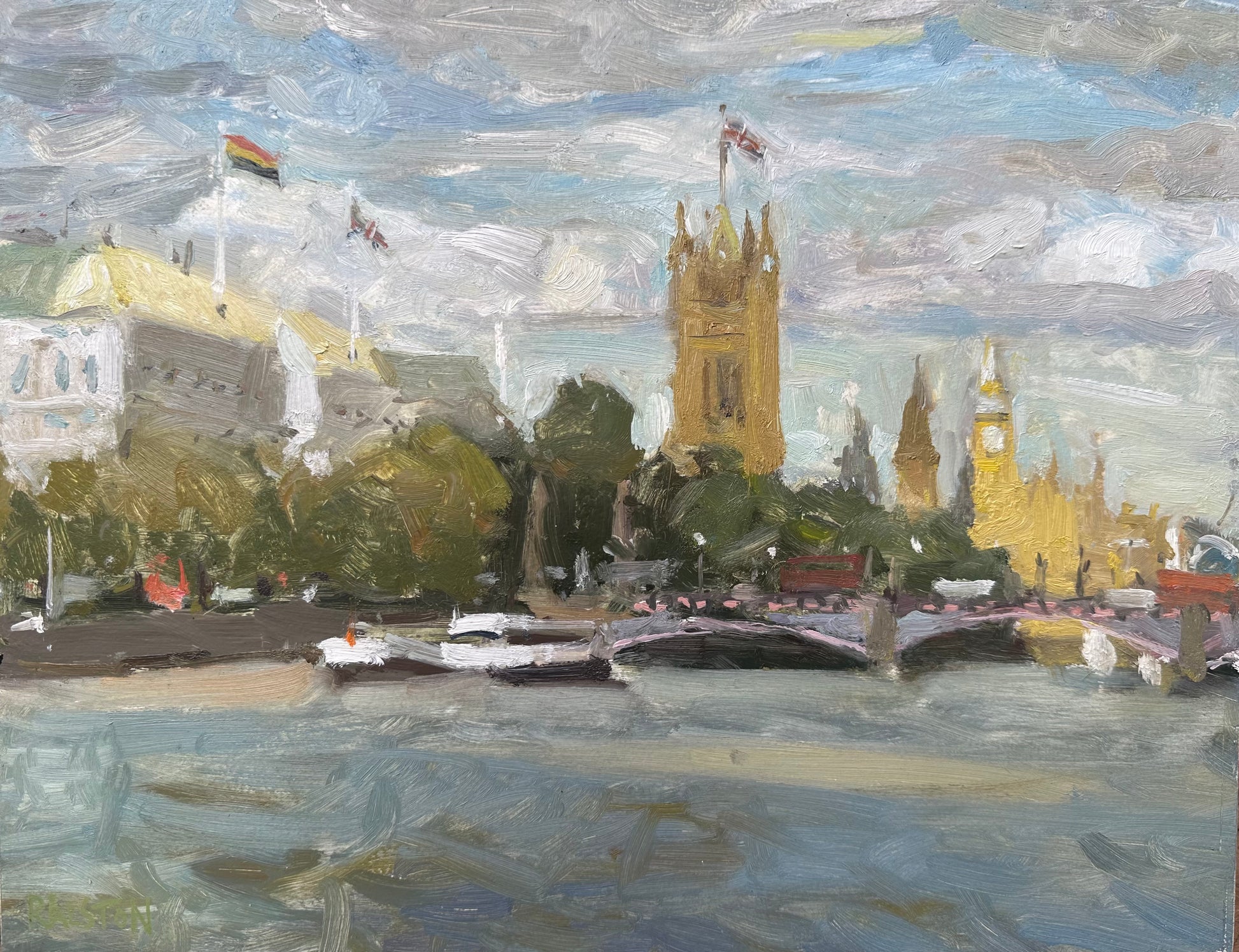 A cloudy day with pockets of sunshine hitting the houses of Parliament and Lambeth Bridge