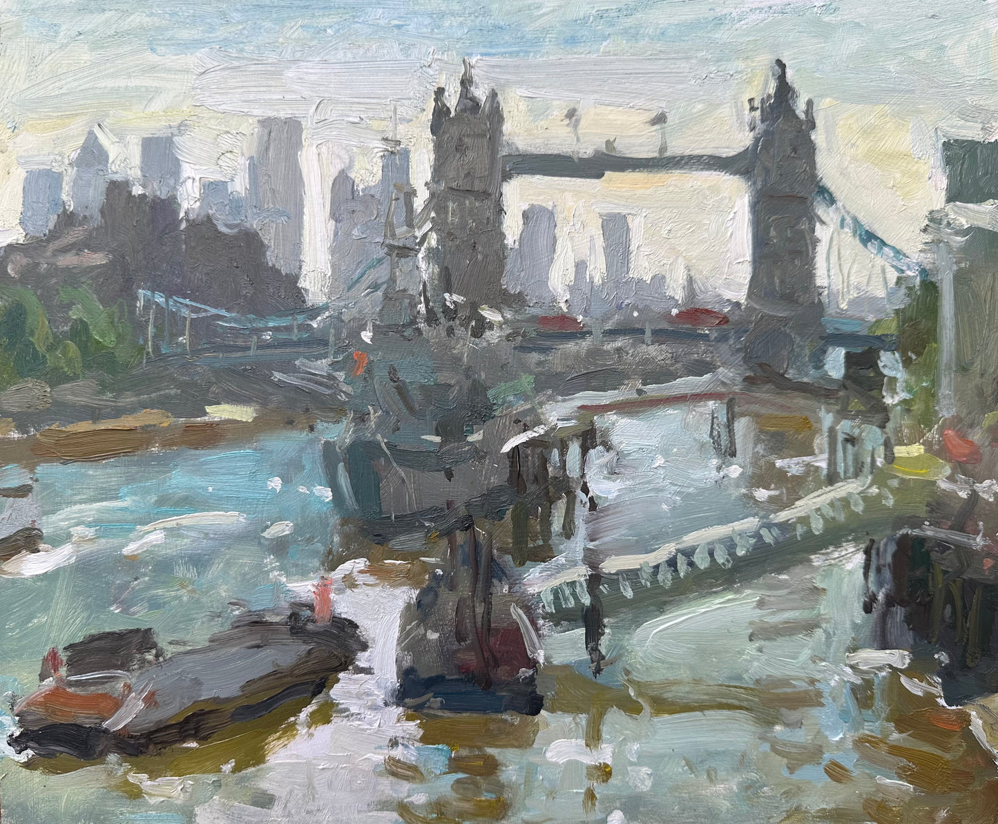 Tower Bridge from London Bridge with HMS Belfast and boats on the Thames