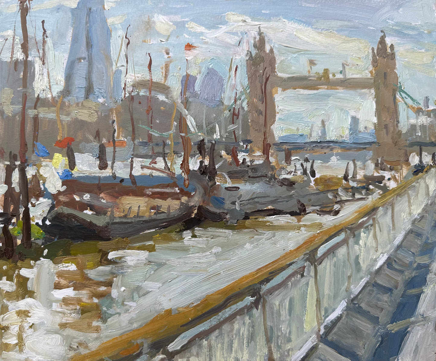 A small painting looking towards Tower Bridge and the shard with boats on the River Thames