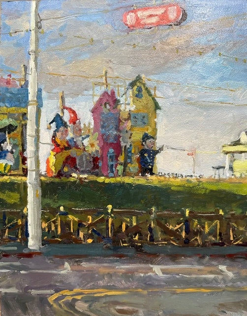 pleinair oil painting of Noddy and Big Ears with P.C.Pod and Mr.Wobblyman by Blackpool artist Adam Ralston
