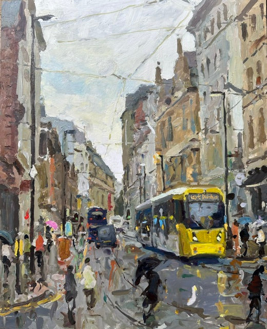 Painted from life on the streets of Manchester  featuring a  yellow tram, pedestrians with umbrellas on cross st, tall buildings, and overhead wires
