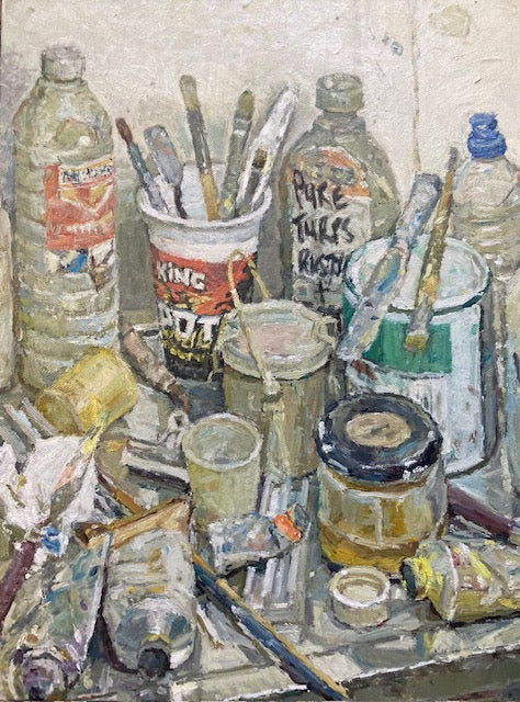 Still life painting of a studio worktop clutter, with turps bottles and paint tube by Adam Ralston ROI