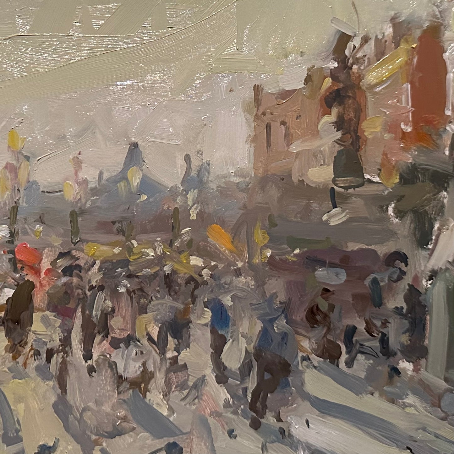 An impressionistic oil painting depicting a crowded street scene with figures, buildings, and soft brushstrokes in muted beige, gray, brown, white, and touches of yellow and blue.