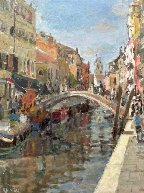 Oil panting by Adam Ralston ROI of a Venetian canal with sunlight on a bridge and reflections in the water. This painting was exhibited and sold at the Royal Institute of Oil Painters annual exhibition 