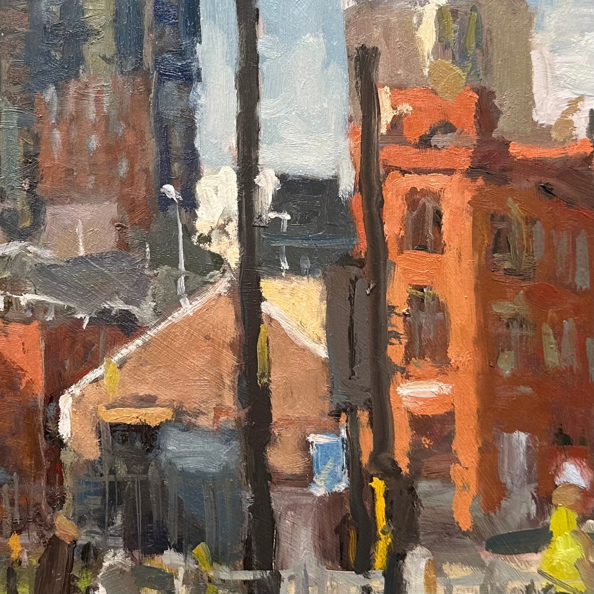 pleinair original oil painting by Adam Ralston, detail near Deansgate train station in Manchester outside the Hacienda apartments