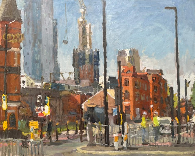 An impressionistic oil painting of an urban street scene with brick buildings, tall structures, streetlights, pedestrians, and a blue sky.