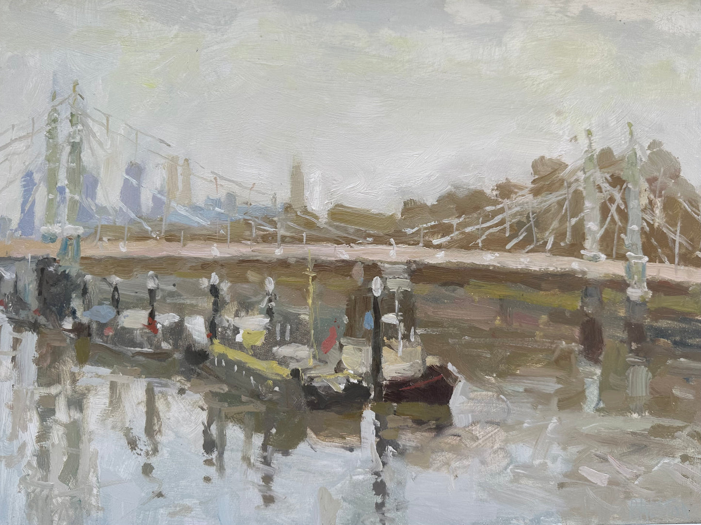 Pleinair painting of Albert bridge in Chelsea London, painted in the rain