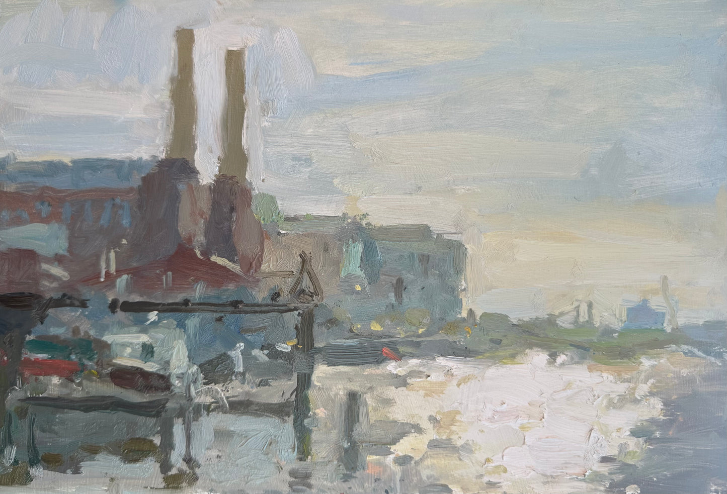 Oil painting of Battersea power station and sparkle on river