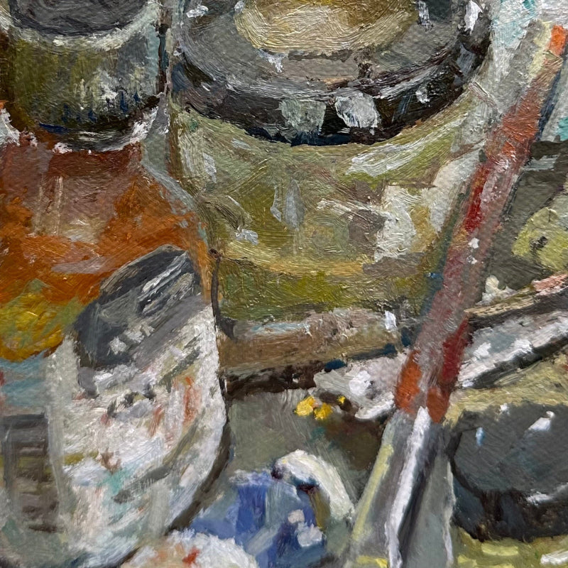 Impressionistic close-up painting of stacked containers or jars with thick brushstrokes in olive green, brown, gray, white, and orange tones.