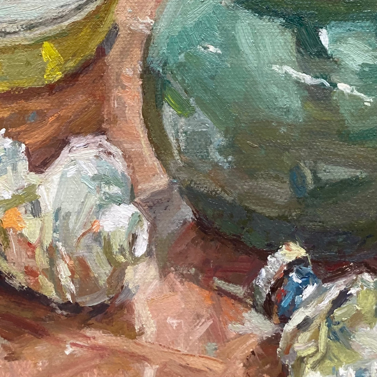 An abstract still life painting with thick brushstrokes, featuring a large green oval shape, a brown and peach background, and white and gray forms.