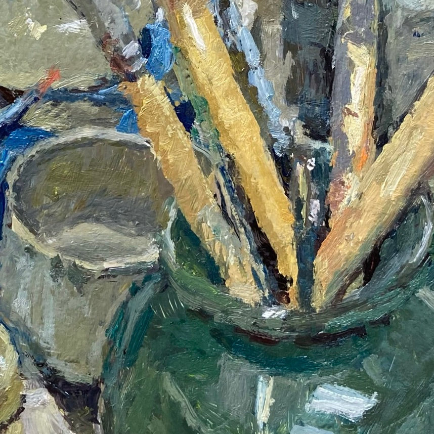 An oil painting detail depicting artist paintbrushes in a glass jar, rendered with thick impasto brushstrokes in greens, golds, blues, and grays.