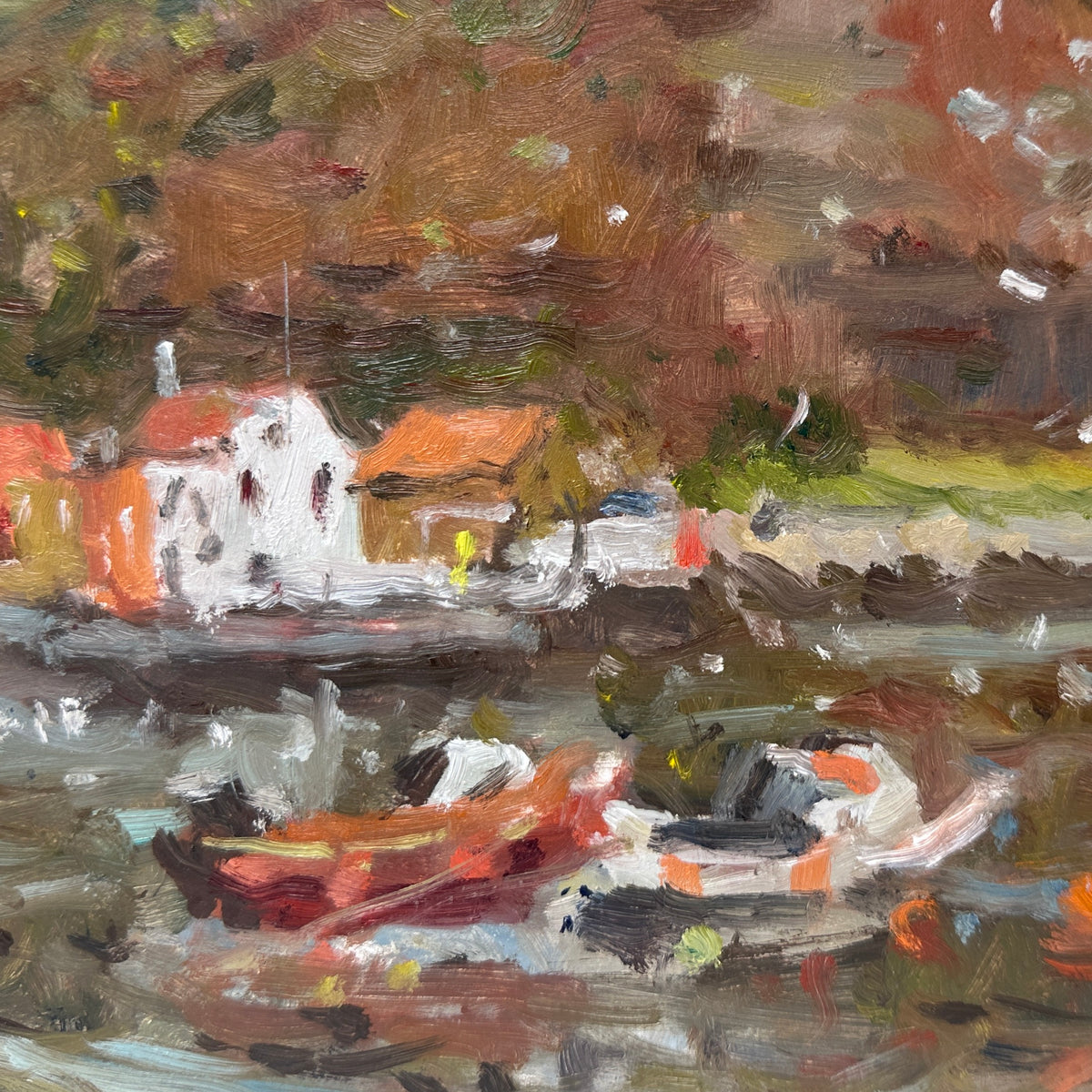 Impressionistic oil painting of a coastal harbor scene with small boats in Staithes Yorkshire. white buildings with orange roofs, and a brown and green landscape background.